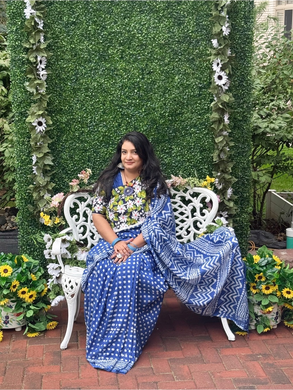 Women’s Blue Printed embroidered silk batik saree with readymade blouse